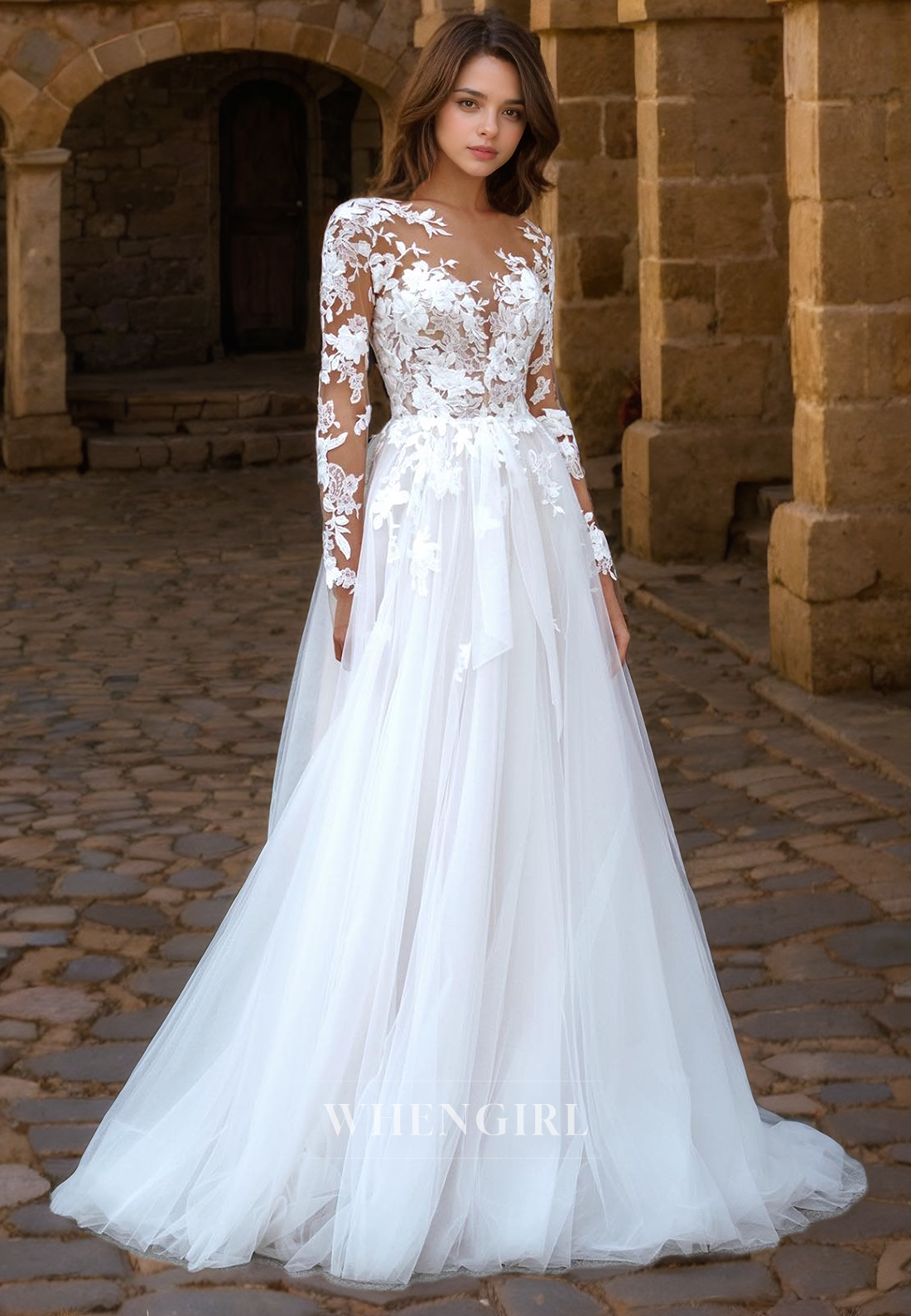 A-Line V Neck Long Sleeves Lace Appliques Tulle Boho Wedding Dress