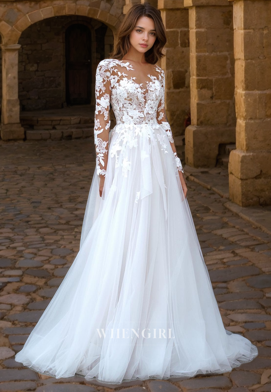 A-Line V Neck Long Sleeves Lace Appliques Tulle Boho Wedding Dress