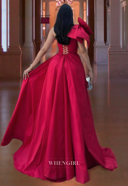 One Shoulder Sheath Sleeveless High Split Bowknot Pleated Satin Formal Gowns with Overskirt Prom Dress