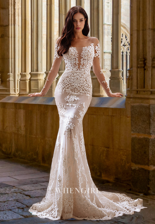 Luxurious Bateau Long Sleeves Mermaid Appliques Lace Bridal Gowns with Overskirt Wedding Dress