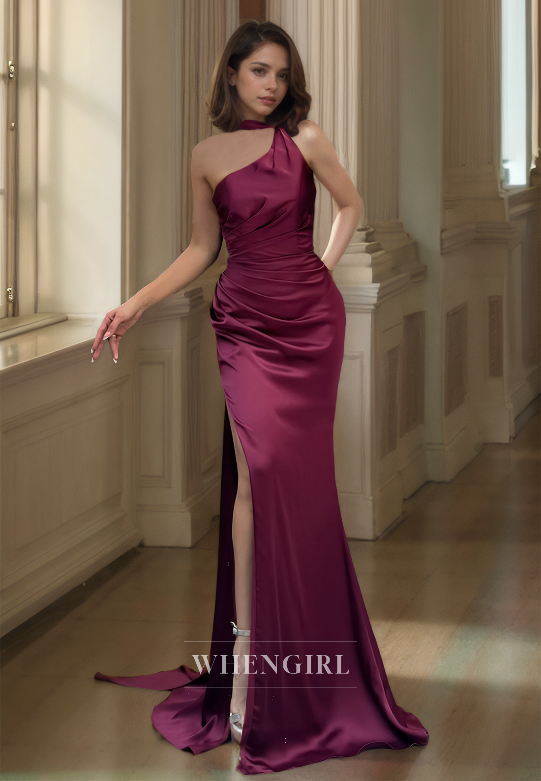 Asymmetrical One Shouder Sheath Sleeveless High Split Pleats Satin Prom Dress Formal Gown with Train