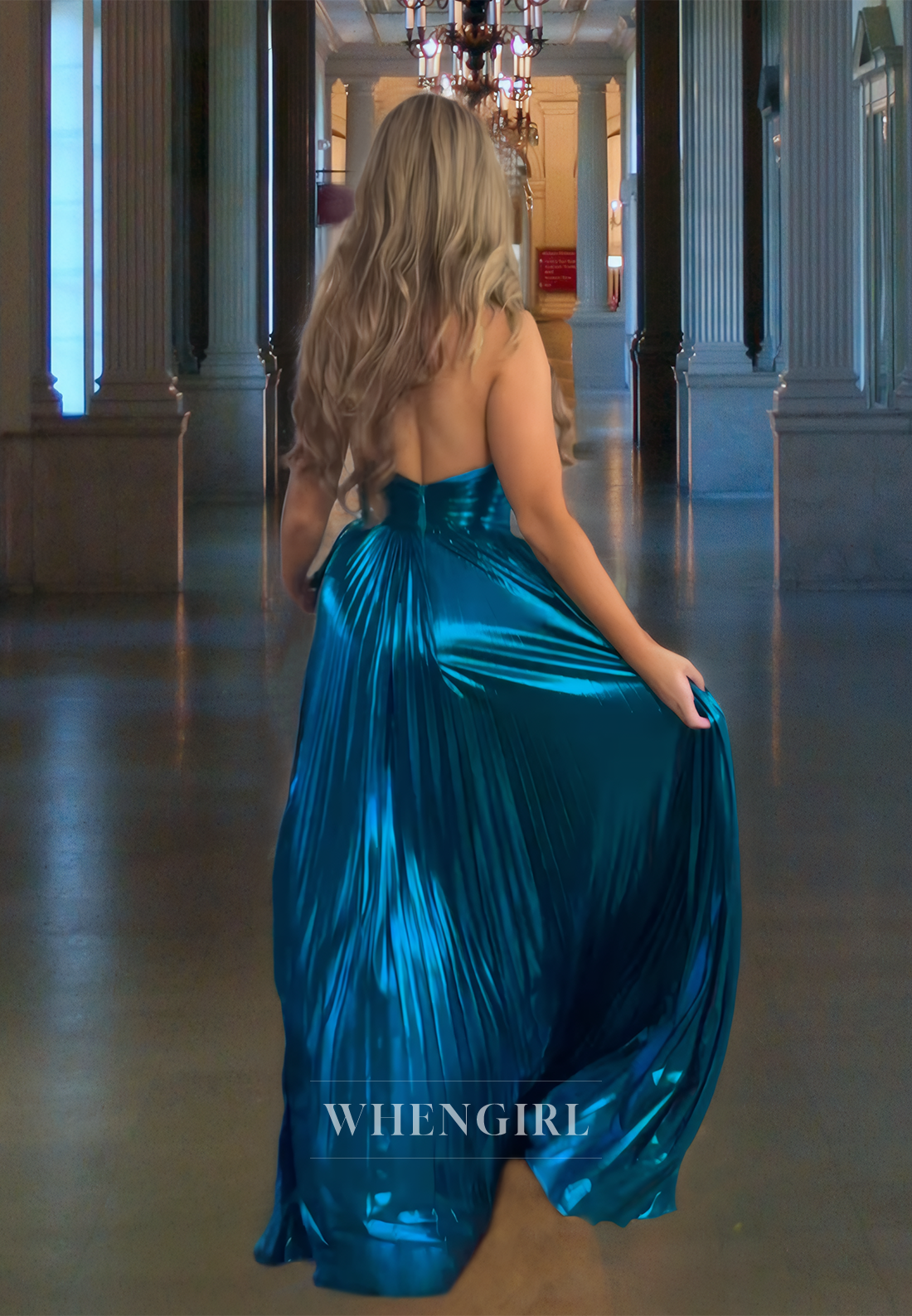 A-Line Halter Sleeveless Pleated Open Back Long Prom Dress with High Side Slit and Train