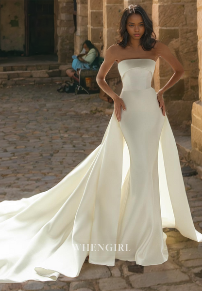 Sheath Strapless Sleeveless Pleated Satin Wedding Dress with Train