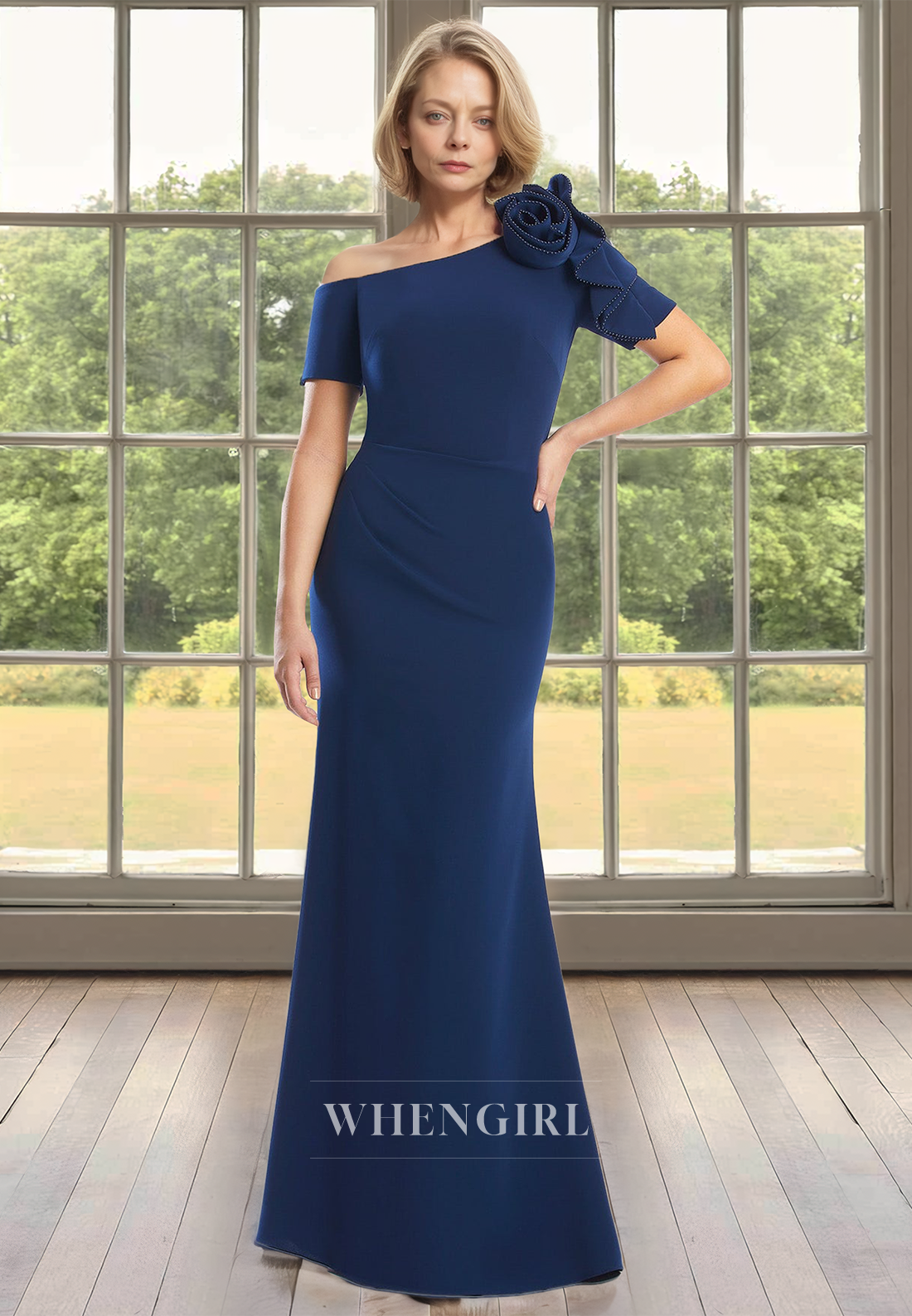 Beaded One Shoulder Short Sleeves Sheath Satin Long Mother of Groom with Floral Cocktail Gowns