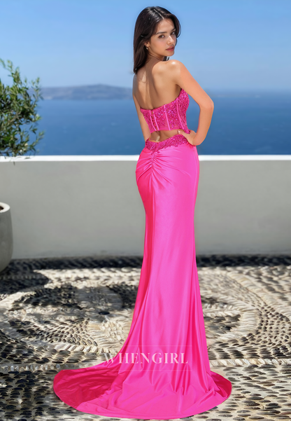 Tube Top Sheath Formal Dress Sleeveless High Slit Train Stripe Pleats Satin Prom Dress with Applique