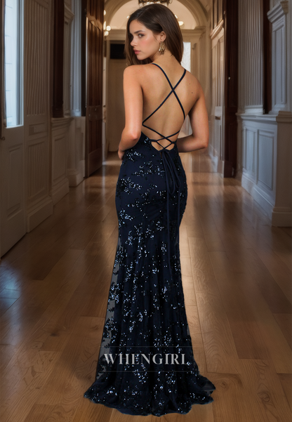 Sheath V Neck Straps Sleeveless Beaded Tulle Long Prom Dress with Train