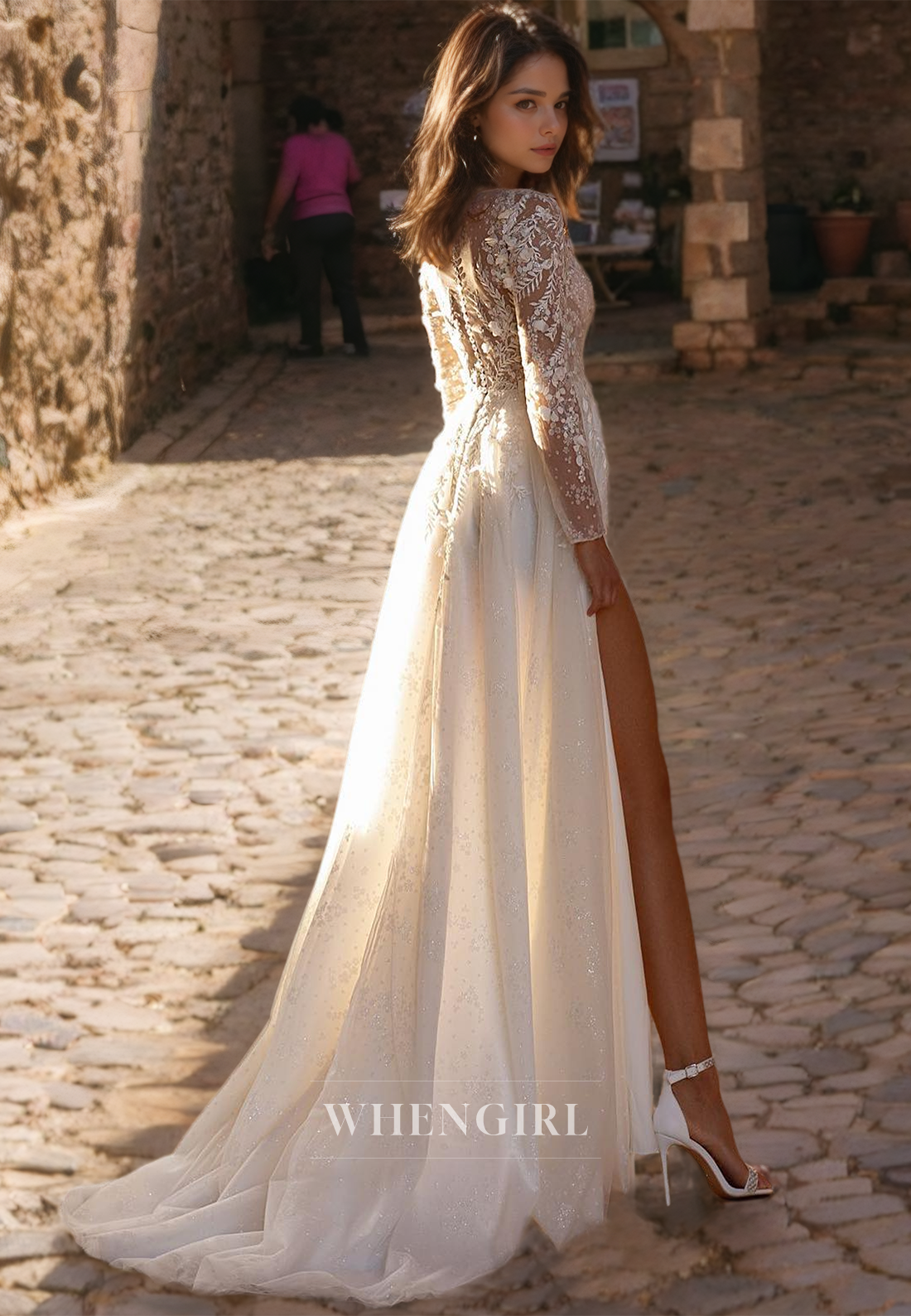 A-Line V Neck Long Sleeves Sequins Appliques Wedding Dress with High Side Slit and Train