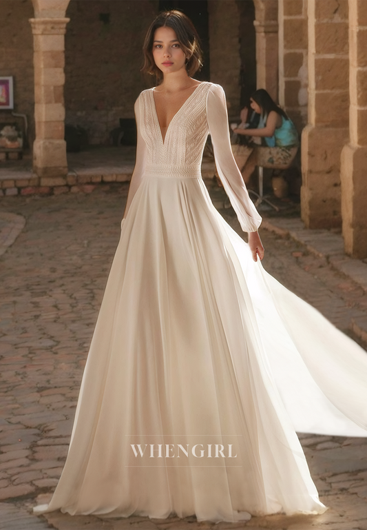 A-Line V Neck Long Sleeves Chiffon Wedding Dress with Train