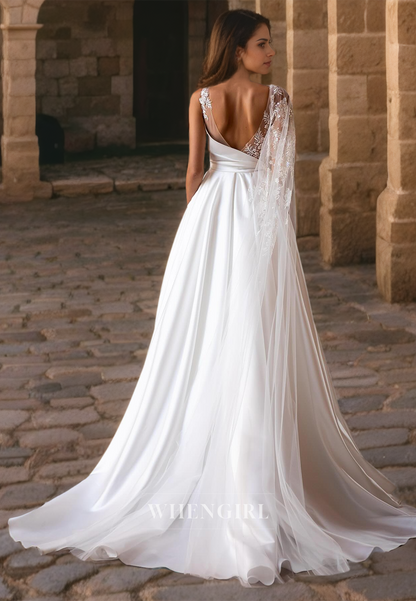 A-Line One Shoulder Sleeveless Appliques Satin Wedding Dress with Train