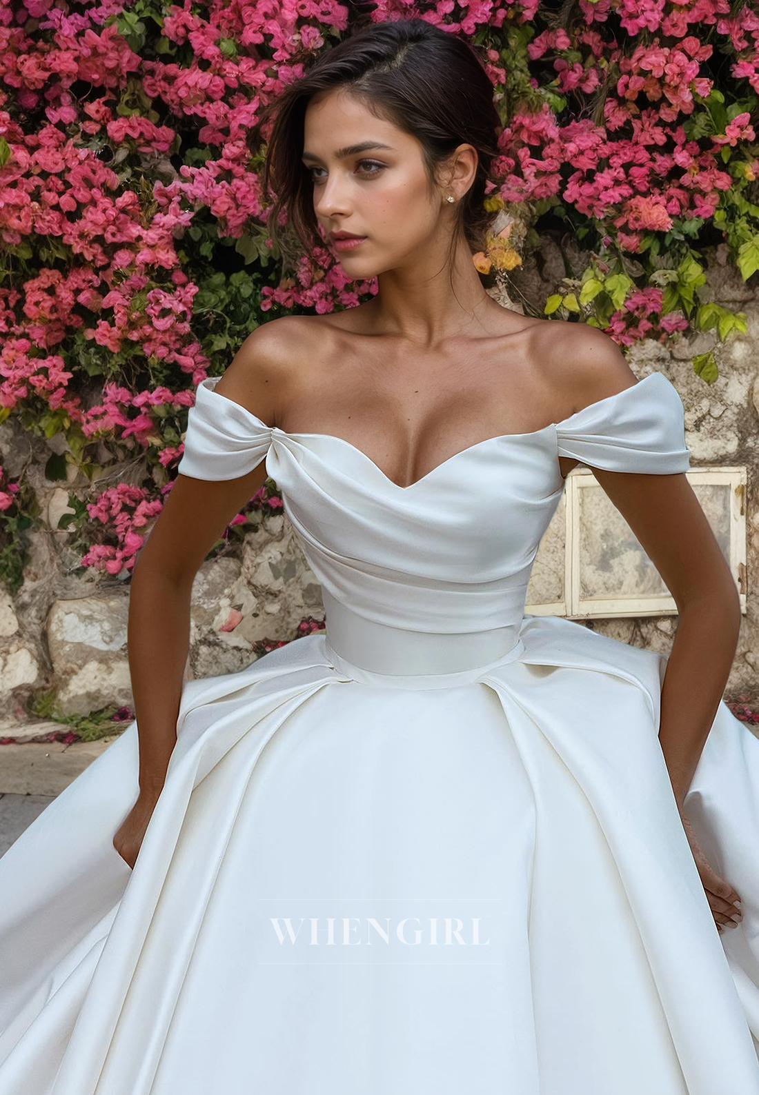 Elegant A-Line Off Shoulder Sleeveless Pleated Satin Wedding Dress