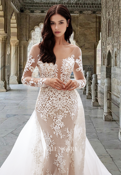 Luxurious Bateau Long Sleeves Mermaid Appliques Lace Bridal Gowns with Overskirt Wedding Dress