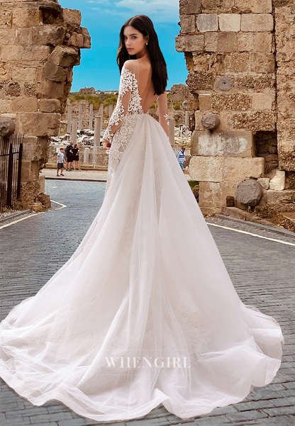 Luxurious Bateau Long Sleeves Mermaid Appliques Lace Bridal Gowns with Overskirt Wedding Dress