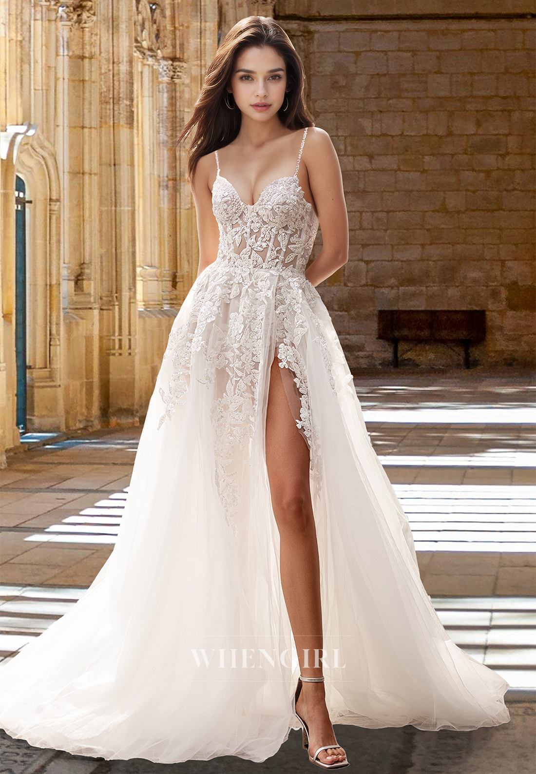 Beaded A-Line Sweetheart High Slit Pleated Lace Beach Wedding Dress Bo WhenGirl Beaded A-Line Sweetheart High Slit Pleated Lace Beach Wedding Dress Bo WhenGirl