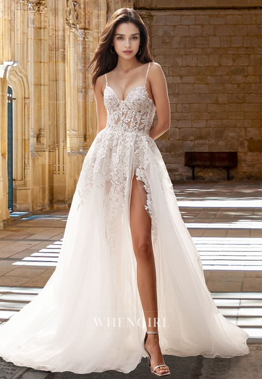 Beaded A-Line Sweetheart High Slit Pleated Lace Beach Wedding Dress Boho Gown with Appliques