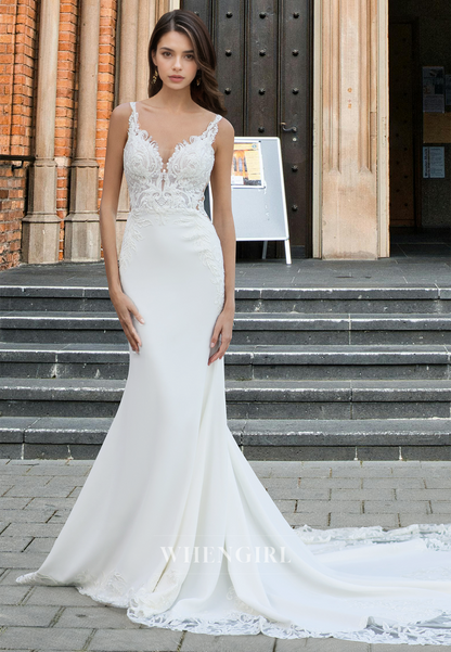 Distinctive V-Neck Straps Mermaid Sweep Train Satin Wedding Dress Bridal Gowns with Applique