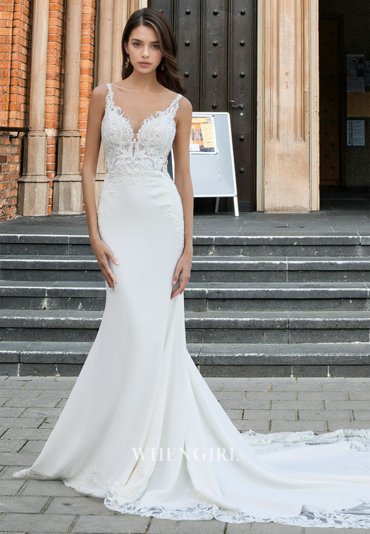 Distinctive V-Neck Straps Mermaid Sweep Train Satin Wedding Dress Bridal Gowns with Applique
