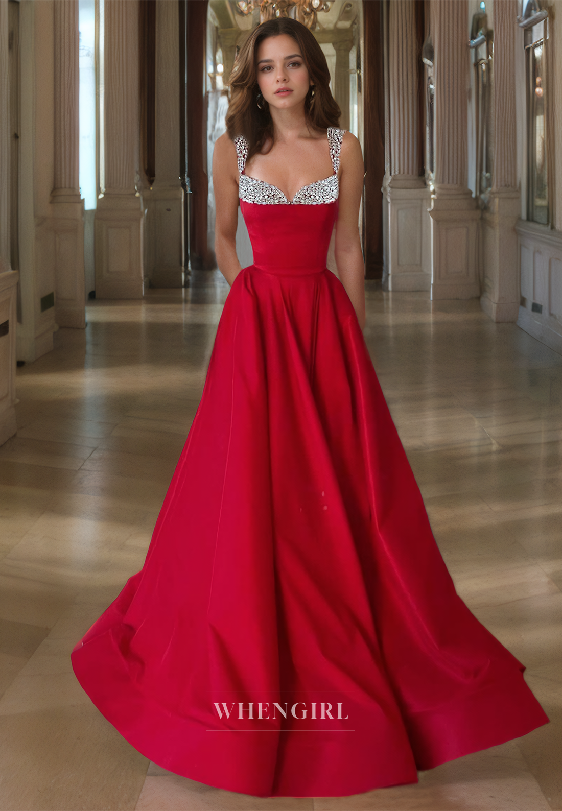 Sweetheart A-Line Spaghetti Straps Train Pleated Satin Prom Dress with Beaded Formal Gowns