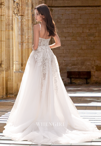Beaded A-Line Sweetheart High Slit Pleated Lace Beach Wedding Dress Boho Gown with Appliques