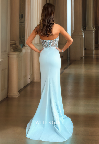 Beaded Sweetheart Sleeveless Sweep Train Stripe Satin Formal Prom Dress with Split