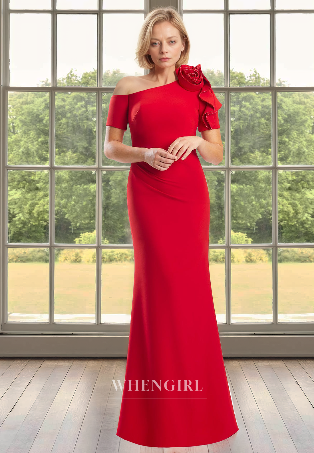 Beaded One Shoulder Short Sleeves Sheath Satin Long Mother of Groom with Floral Cocktail Gowns
