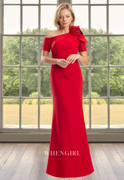 Beaded One Shoulder Short Sleeves Sheath Satin Long Mother of Groom with Floral Cocktail Gowns
