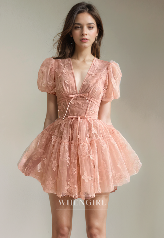 A-Line V Neck Half Lantern Sleeves Appliques Back Zipper Homecoming Dress