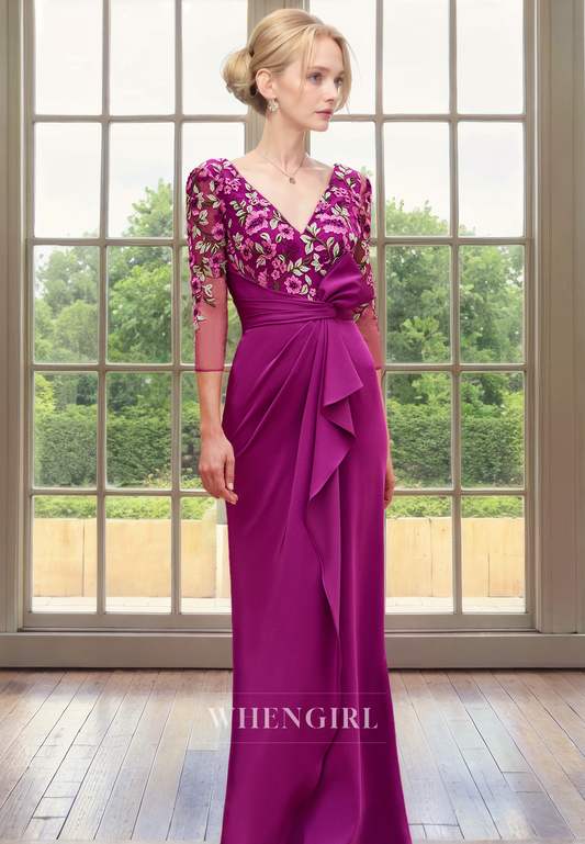 Sheath V Neck 34 Length Sleeves Lace Appliques Pleated Ruffles Back Zipper Mother of Bride Dress