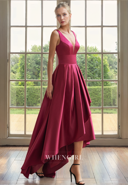 A-Line V Neck Straps Sleeveless Pleated High Low Mother of Bride Dress