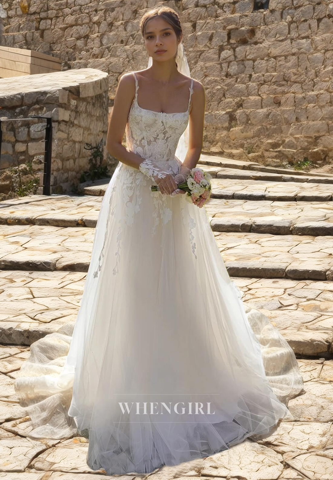 A-Line Square Straps Sleeveless Lace Appliques Tulle Boho Beach Wedding Dress