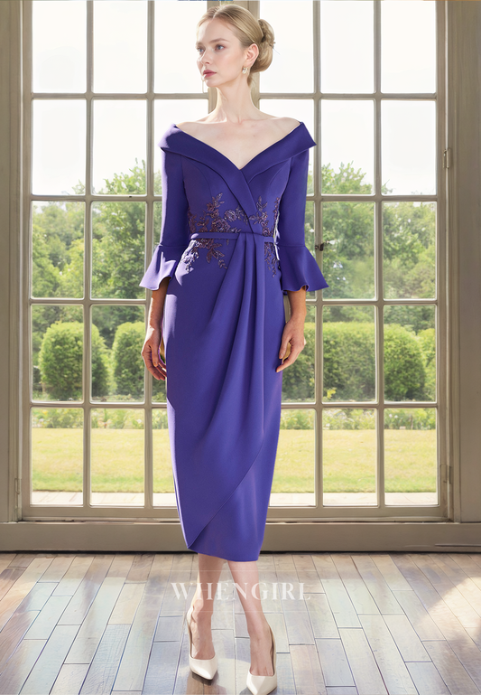 Sheath Off Shoulder 34 Length Sleeves Pleated Sequine Tea Length Mother of Bride Dress