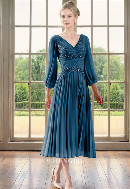 A-Line V Neck 34 Length Sleeves Pleated Appliques Tea Length Mother of Bride Dress