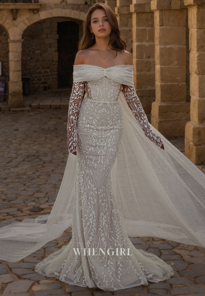 Mermaid Off Shoulder Long Sleeves Fully Lace Appliques Wedding Dress with Train