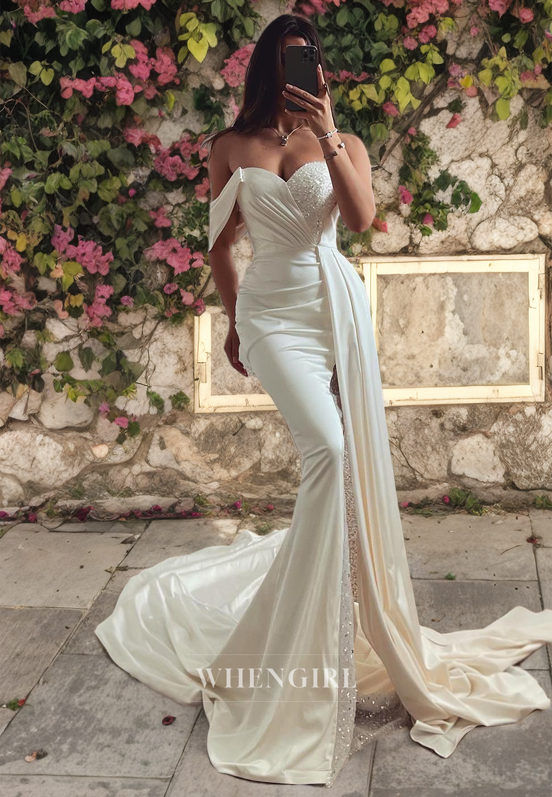 Mermaid One Shoulder Sleeveless Pleated Beaded Long Satin Wedding Dress with Train