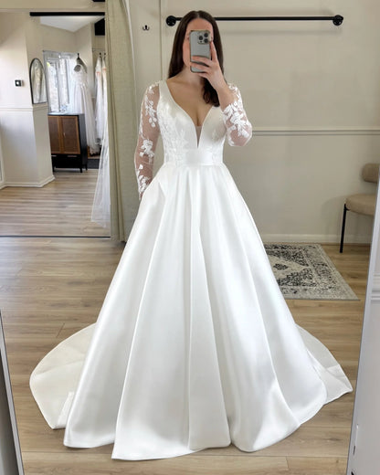 A-Line V Neck Long Sleeves Appliques Court Train Wedding Dress