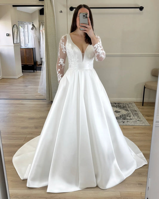 A-Line V Neck Long Sleeves Appliques Court Train Wedding Dress