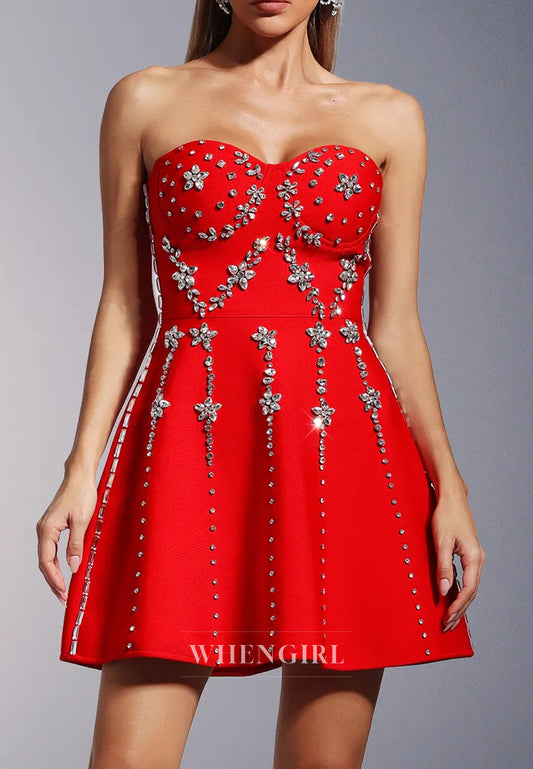 Red Rhinestone Beading Sweetheart Sleeveless A-Line Short Homecoming Dress