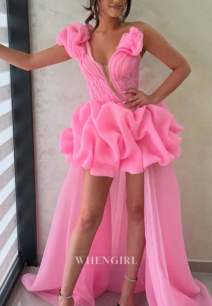 Hot Pink One Shoulder Asymmtrical Neck Sleeveless Ruched Sheath Homecoming Dress with Sweep Train