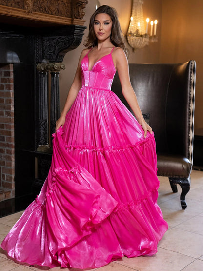 Hot Pink Shiny Organza V-neck Charming A-line Prom Dress