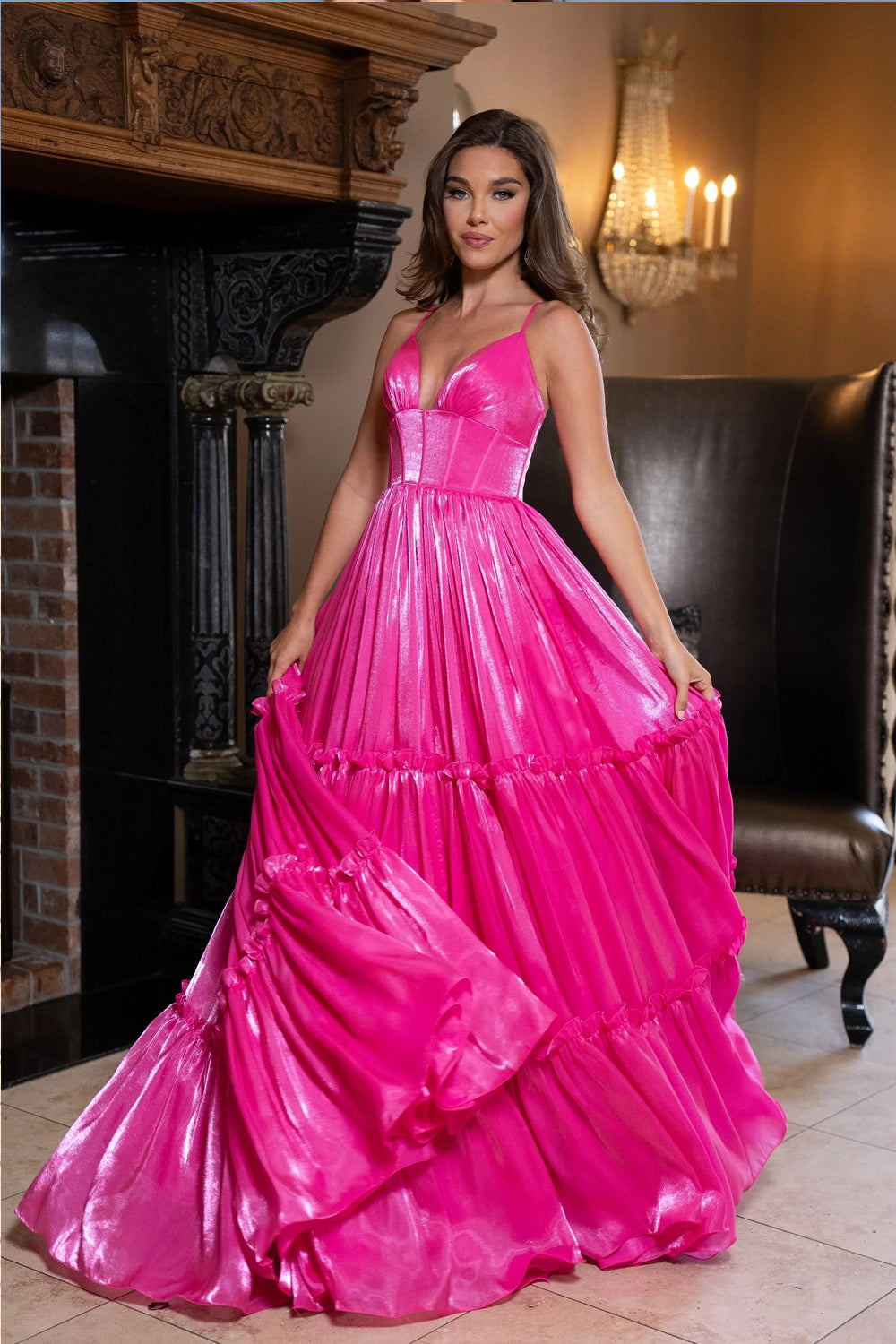 Hot Pink Shiny Organza V-neck Charming A-line Prom Dress