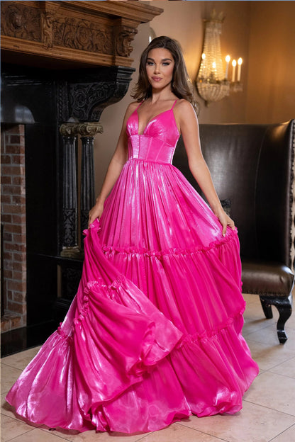 Hot Pink Shiny Organza V-neck Charming A-line Prom Dress