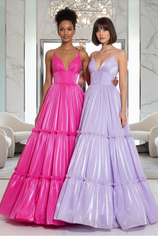 Hot Pink Shiny Organza V-neck Charming A-line Prom Dress