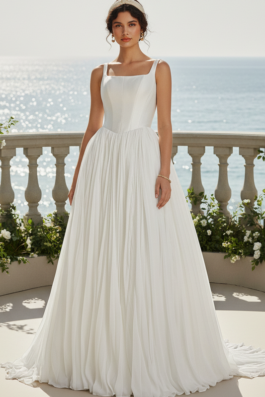 Square Neck Sleeveless A-Line Court Train Wedding Dress