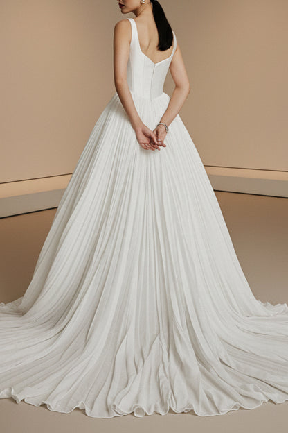 Square Neck Sleeveless A-Line Court Train Wedding Dress