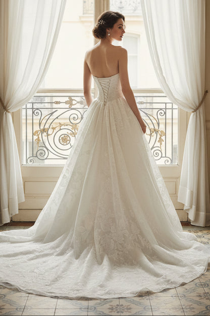 A-Line Tube Top Sleeveless Wedding Dress with Court Train