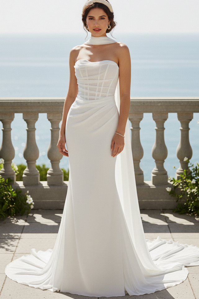 Chiffon Tube Top Pleated Trumpet Beach Wedding Dress