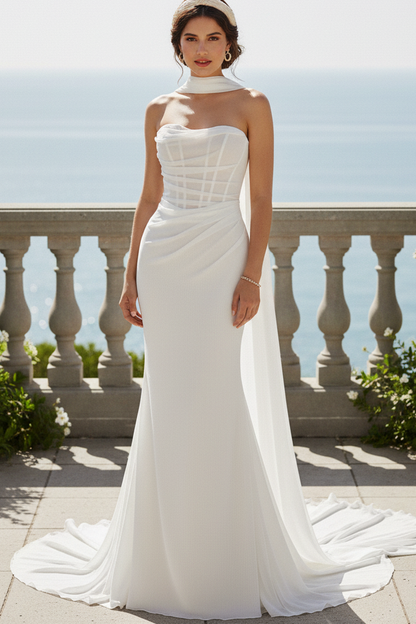 Chiffon Tube Top Pleated Trumpet Beach Wedding Dress