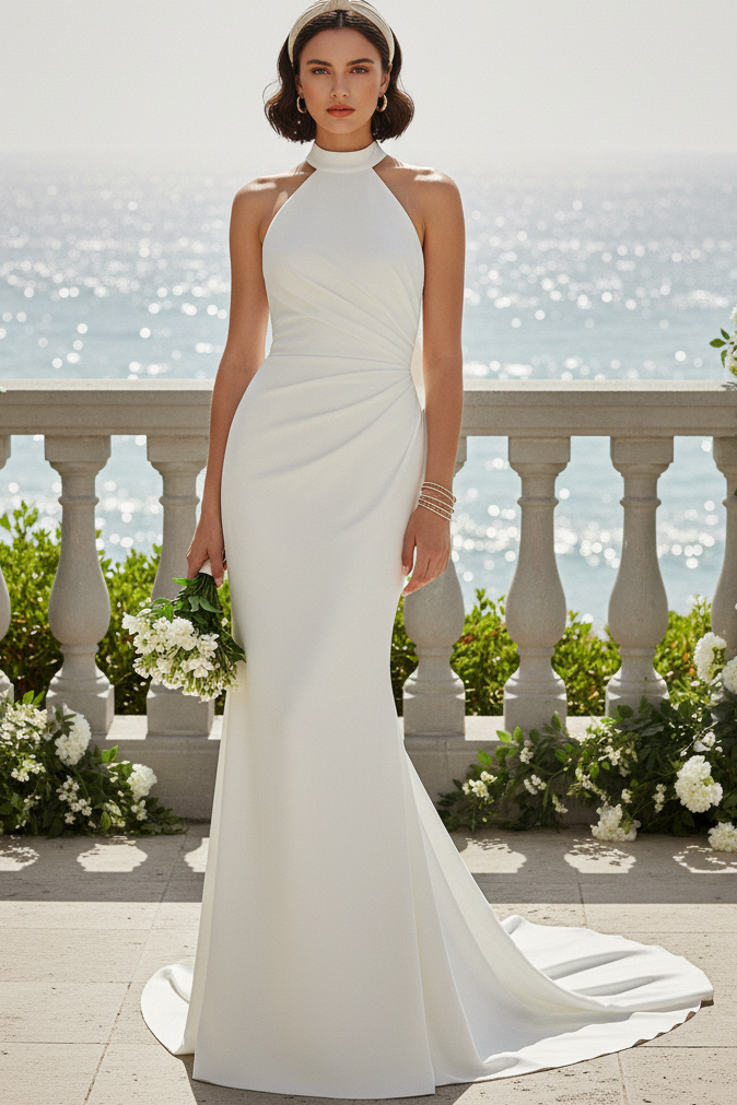 Halter Ruched Sweep Train Beach Wedding Dress