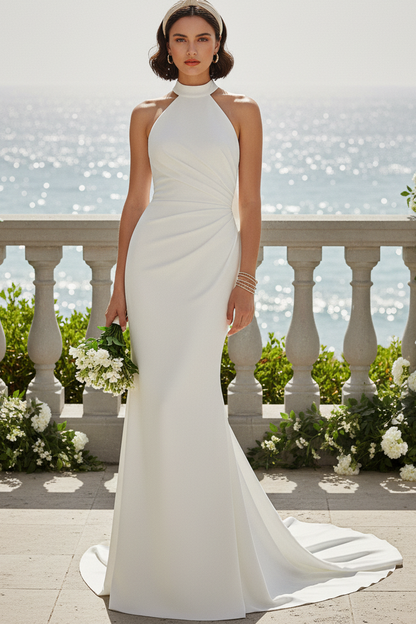Halter Ruched Sweep Train Beach Wedding Dress