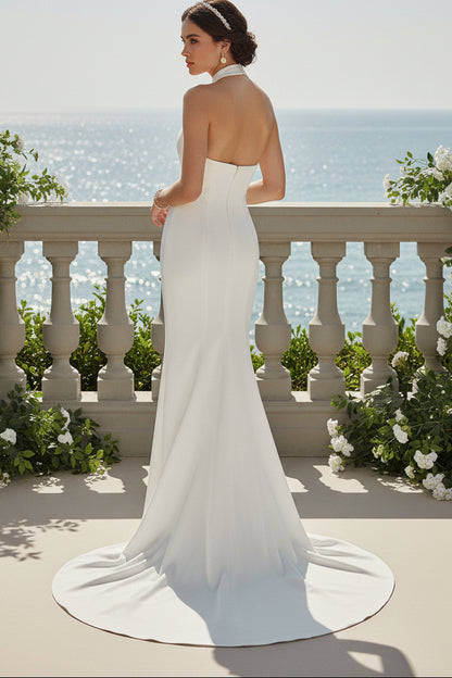 Halter Ruched Sweep Train Beach Wedding Dress