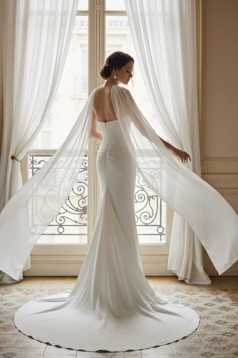 Sheath Simple Tube Top Beach Wedding Dress with Scarf